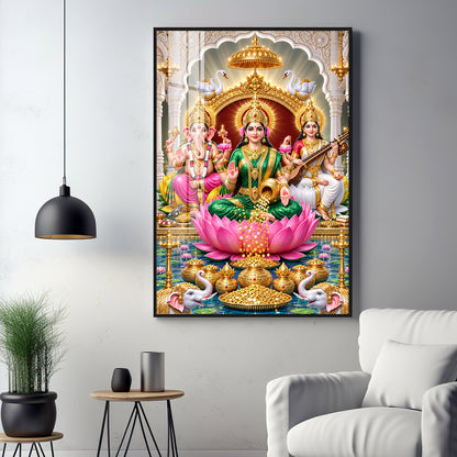 Maa Laxmi Ji, Maa Saraswati & Ganesh Ji Premium Acrylic Vertical Wall Art