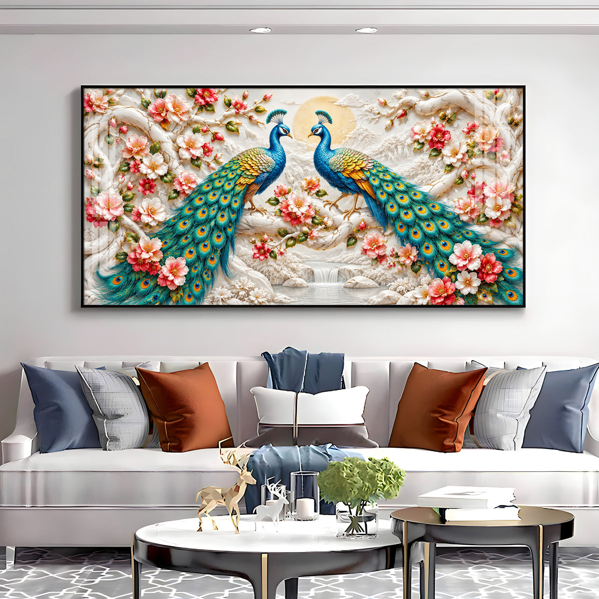 Pair of Peacocks With Flower Premium Acrylic Horizontal Wall Art