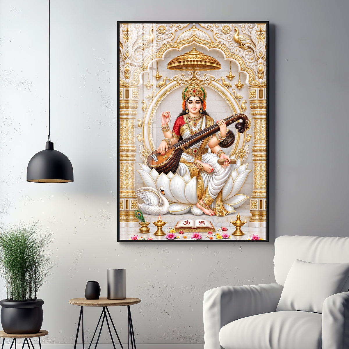 Divine Saraswati Devi Premium Acrylic Vertical Wall Art