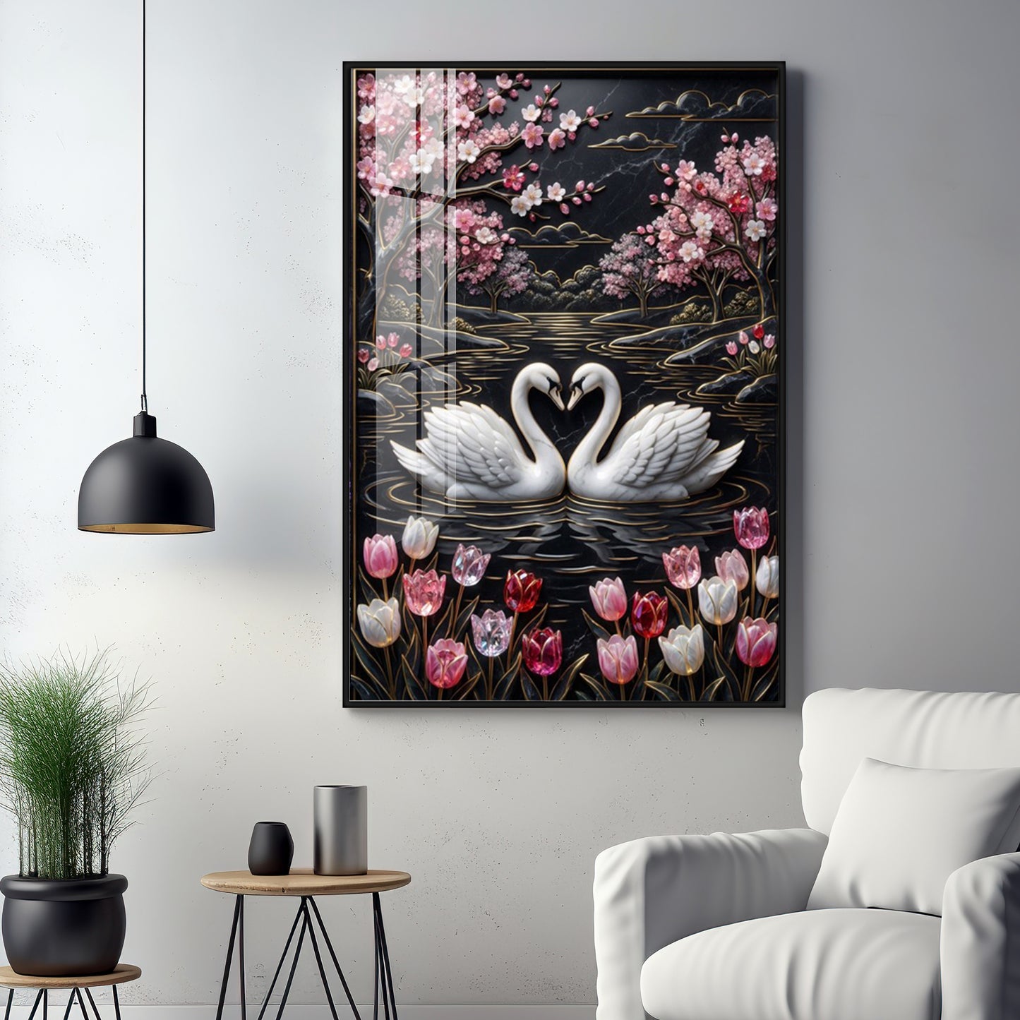 Swan Pair On A Pond Premium Acrylic Vertical Wall Art