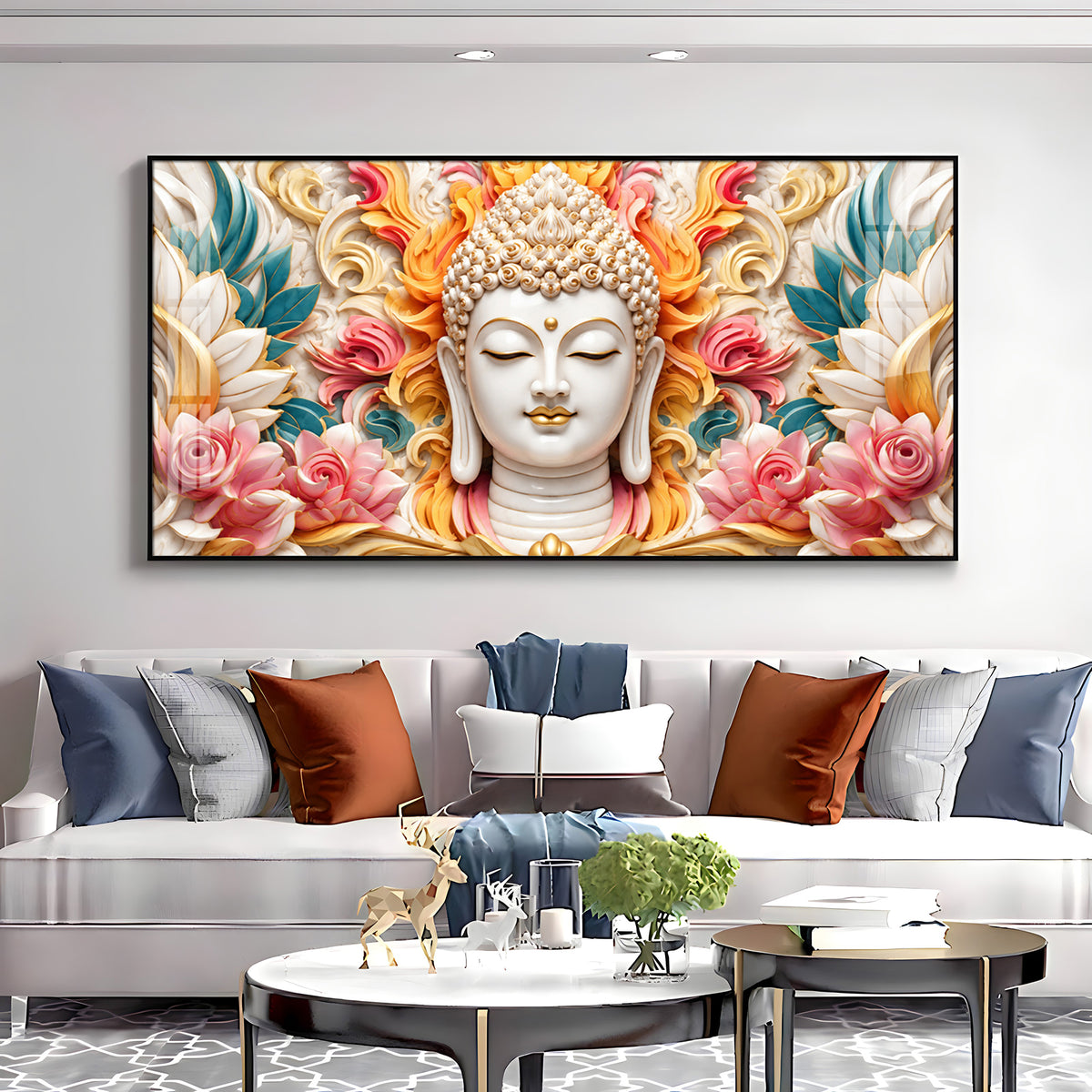 Meditating Buddha In Floral Premium Acrylic Horizontal Wall Art