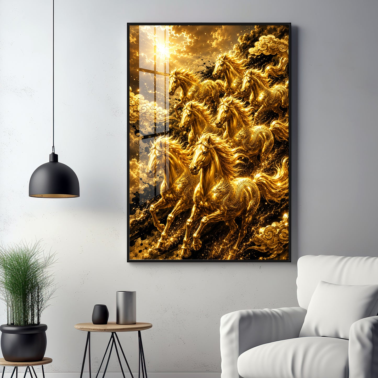 Golden Seven Horses Premium Acrylic Vertical Wall Art