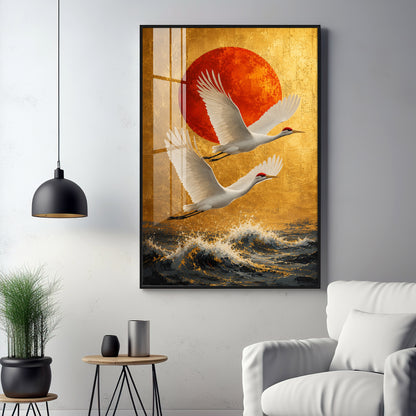 Cranes Over the Ocean & Red Sun Premium Acrylic Vertical Wall Art