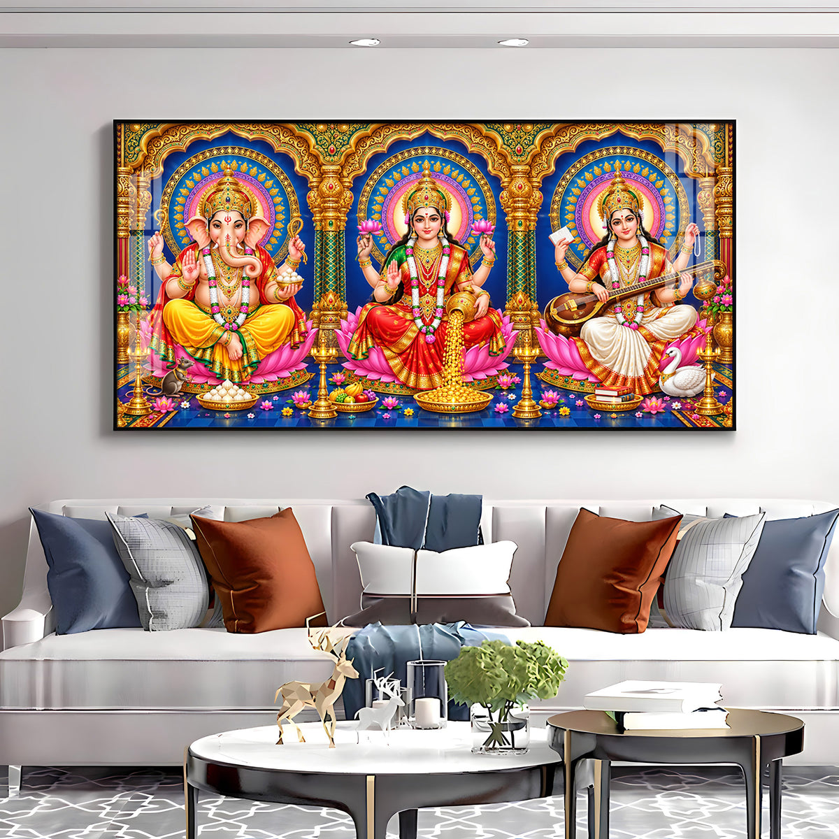 Divine Lord Ganesha, Goddess Saraswati & Goddess Lakshmi Premium Acrylic Horizontal Wall Art