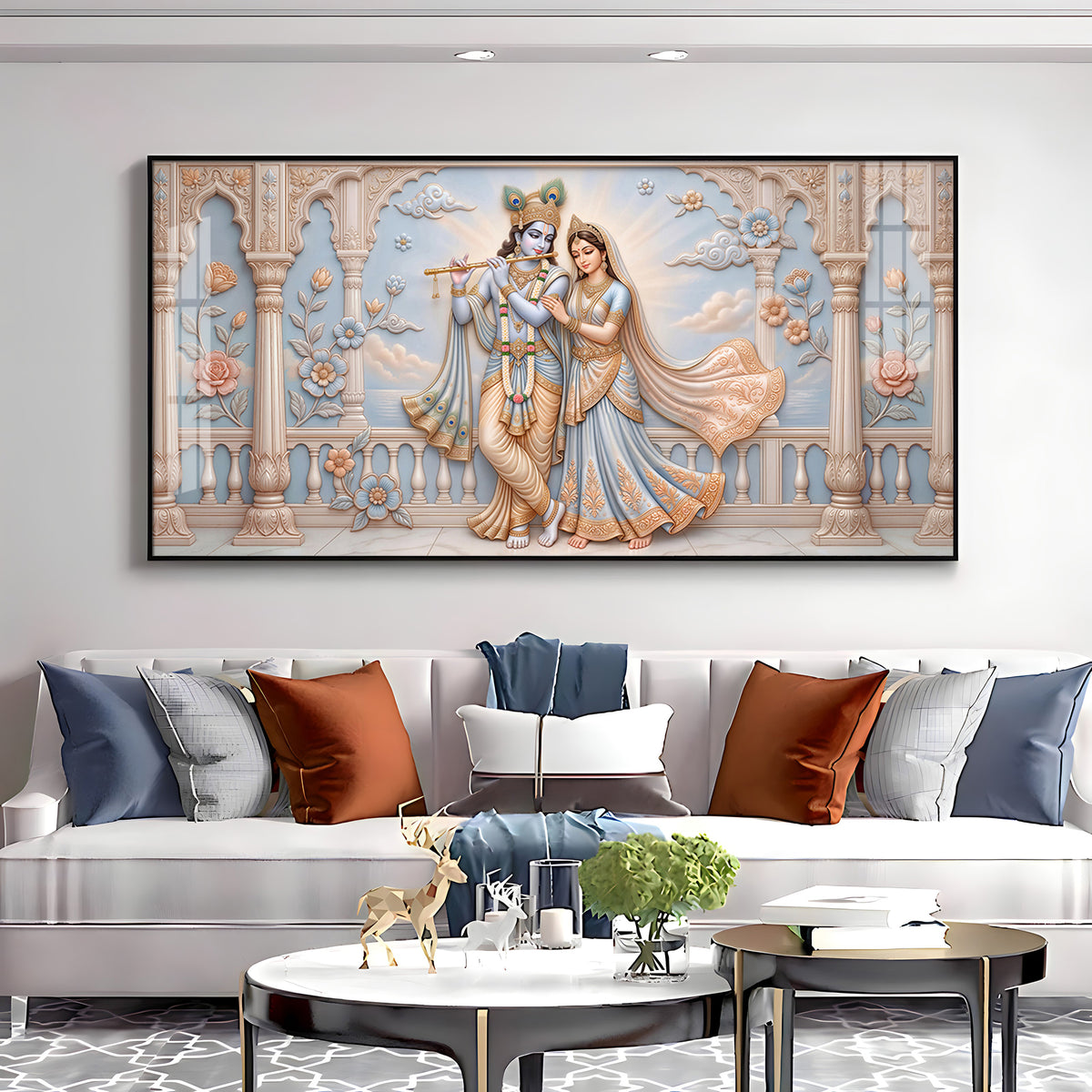 Krishna Playing The Flute Beside Radha Premium Acrylic Horizontal Wall Art