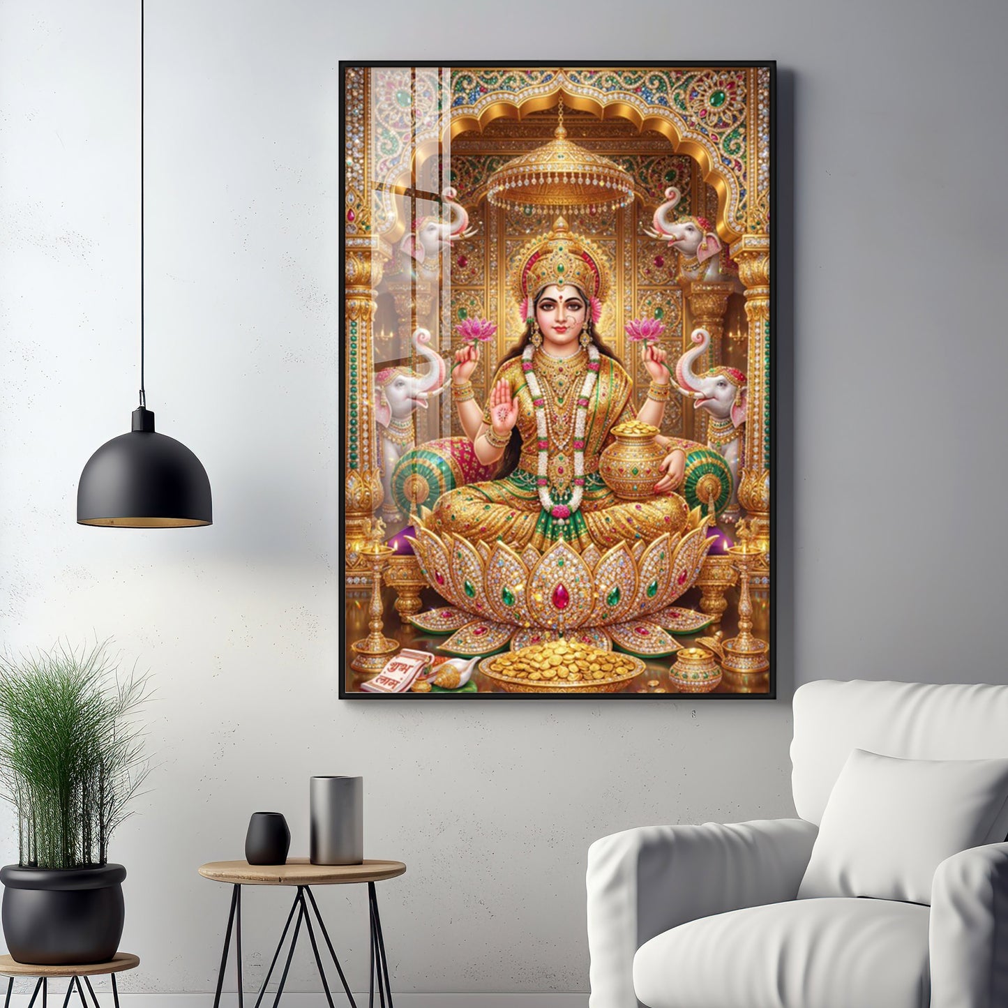 Goddess Lakshmi Seated On A Lotus Throne Premium Acrylic Vertical Wall Art