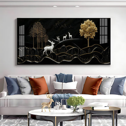Deer Mountain With Golden Tree Premium Acrylic Horizontal Wall Art