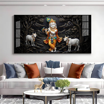 Lord Krishna With Cows Premium Acrylic Horizontal Wall Art