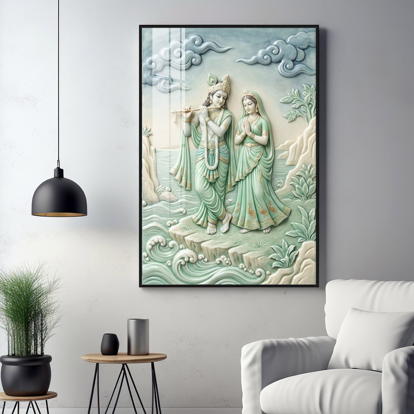 Krishna Playing The Flute Beside Radha Premium Acrylic Vertical Wall Art