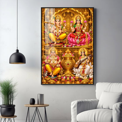 Goddess laxmi, Saraswati, Lord ganesh & Kuber Premium Acrylic Vertical Wall Art