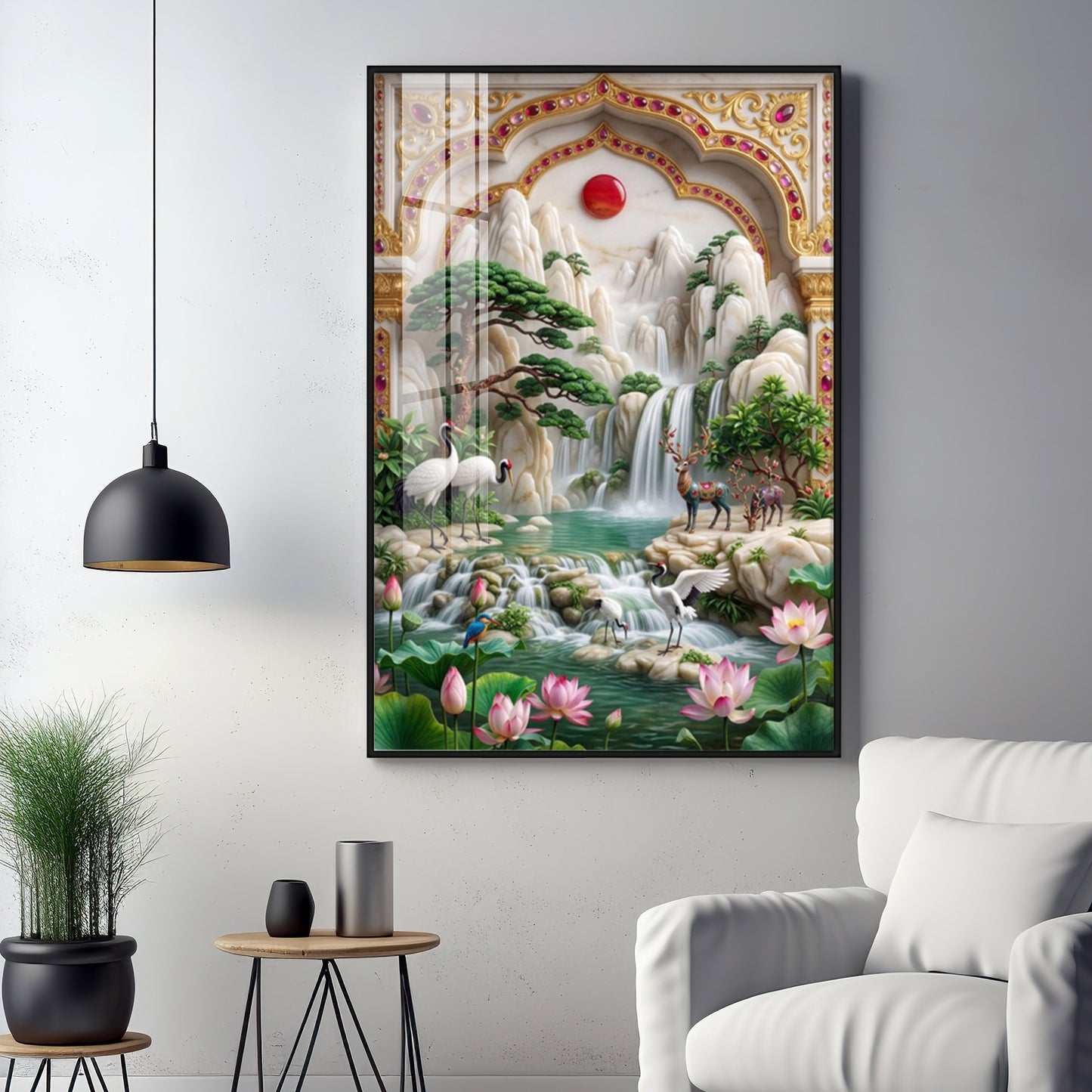 Sunrise Mountains Waterfall Premium Acrylic Vertical Wall Art