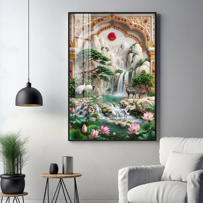 Sunrise Mountains Waterfall Premium Acrylic Vertical Wall Art