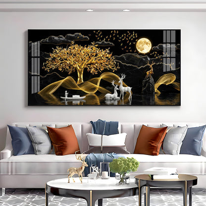 White Deer With Golden Tree Premium Acrylic Horizontal Wall Art
