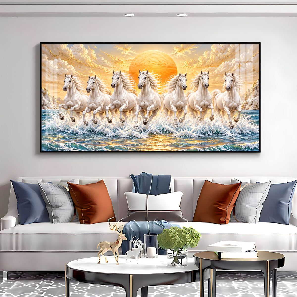 Majestic White Seven Running Horses In sun Rise Premium Acrylic Horizontal Wall Art