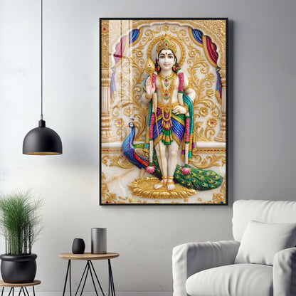 Lord Murugan With Peacock Premium Acrylic Vertical Wall Art