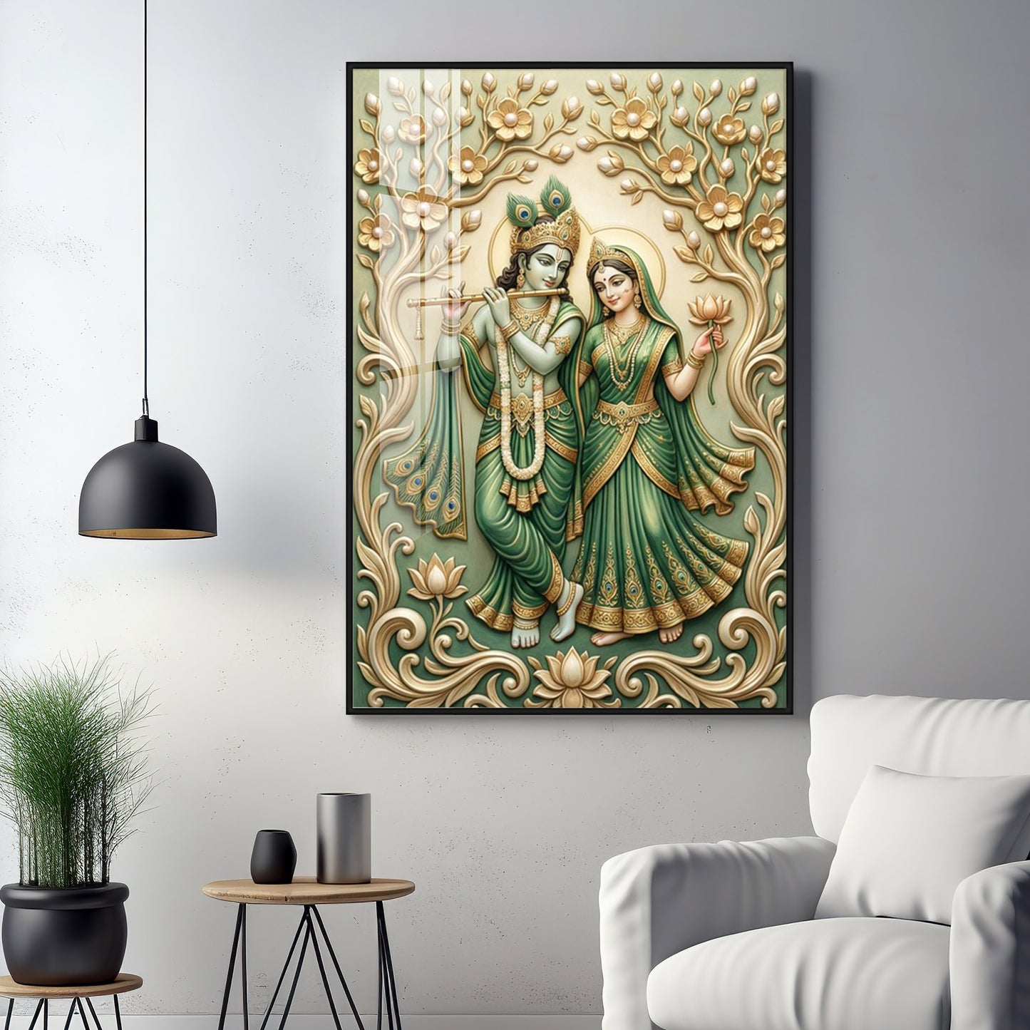 Radha Krishna With Green Background Premium Acrylic Vertical Wall Art