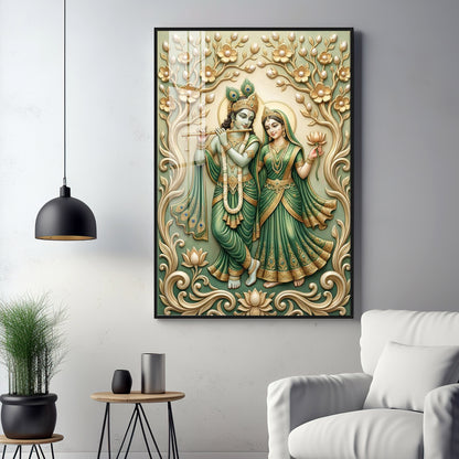 Radha Krishna With Green Background Premium Acrylic Vertical Wall Art