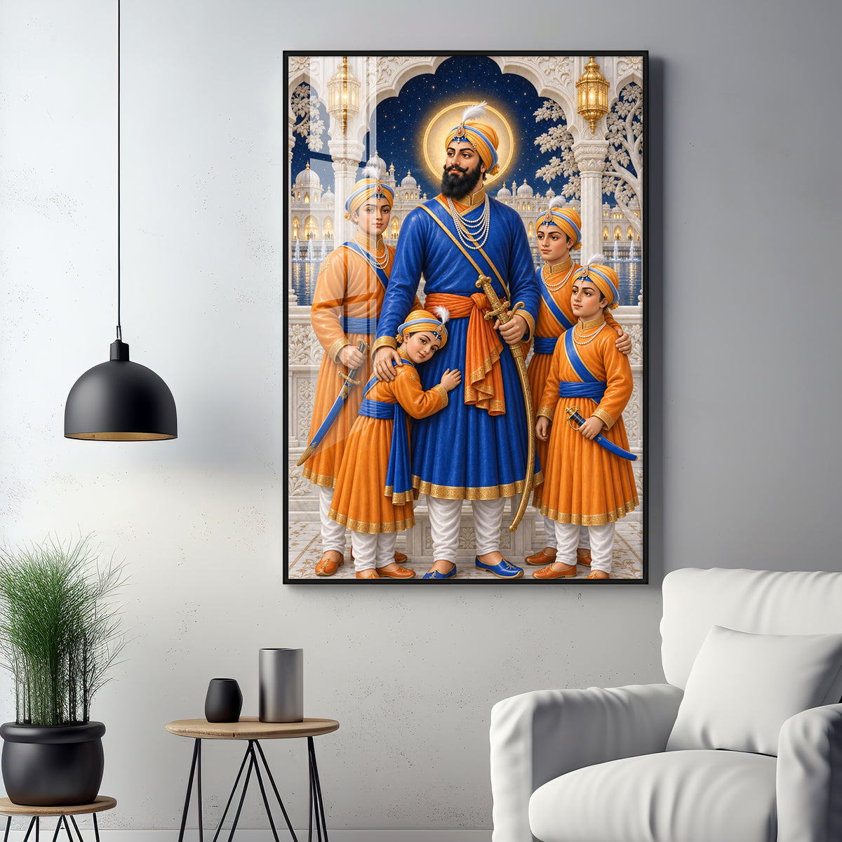 Guru Gobind Singh Ji With Sahibzade Premium Acrylic Vertical Wall Art