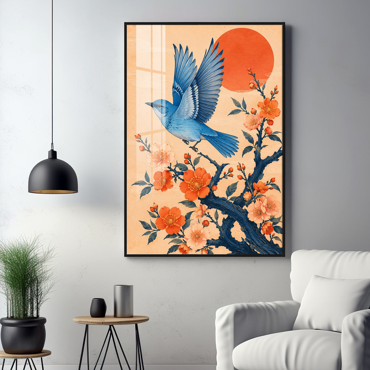 Flying Bluebird & Orange Blossoms Premium Acrylic Vertical Wall Art