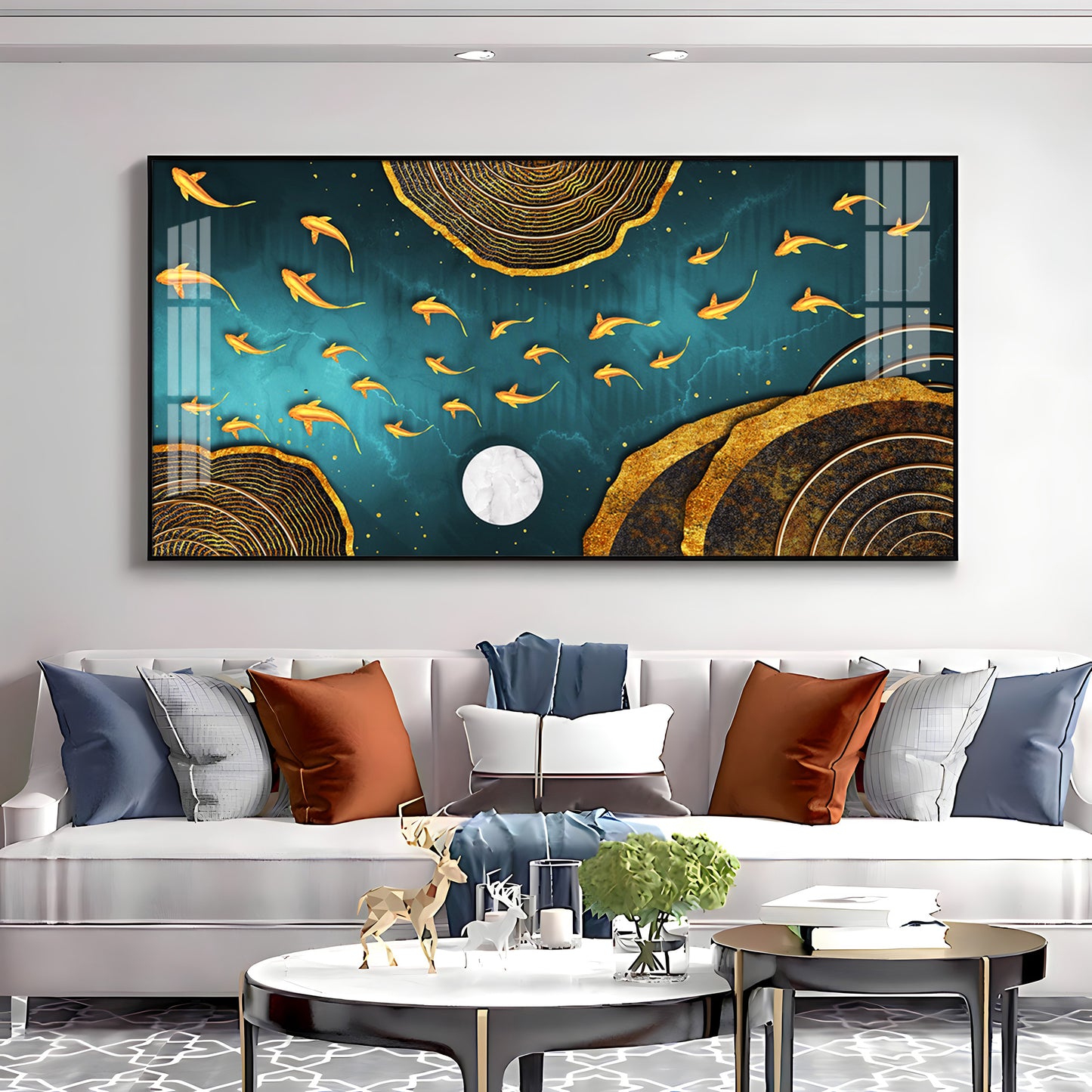 Features Golden Koi Fish Premium Acrylic Horizontal Wall Art