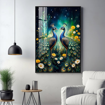 Two Peacocks With Flowers Premium Acrylic Vertical Wall Art
