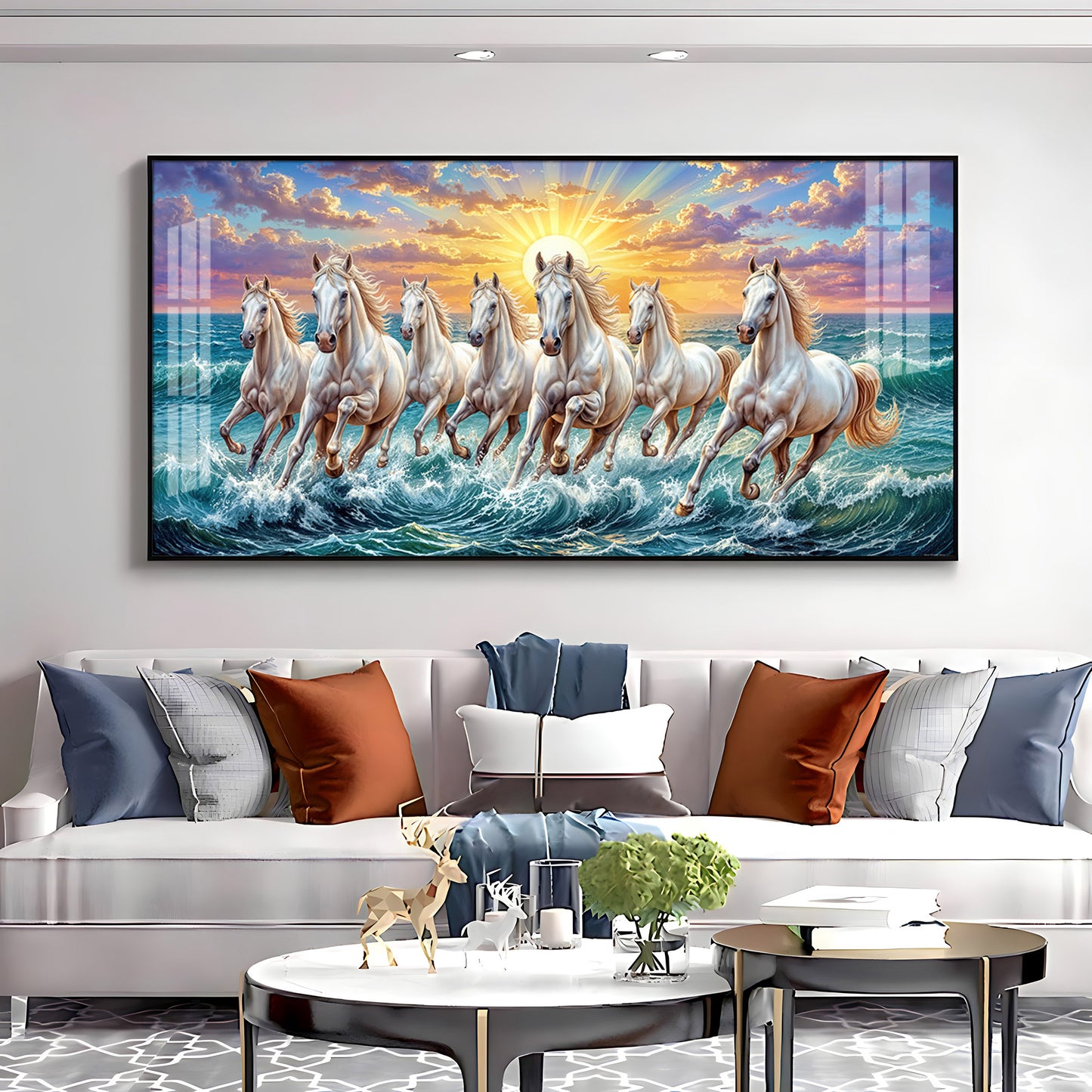 7 Running Horses Galloping Across Water Premium Acrylic Horizontal Wall Art