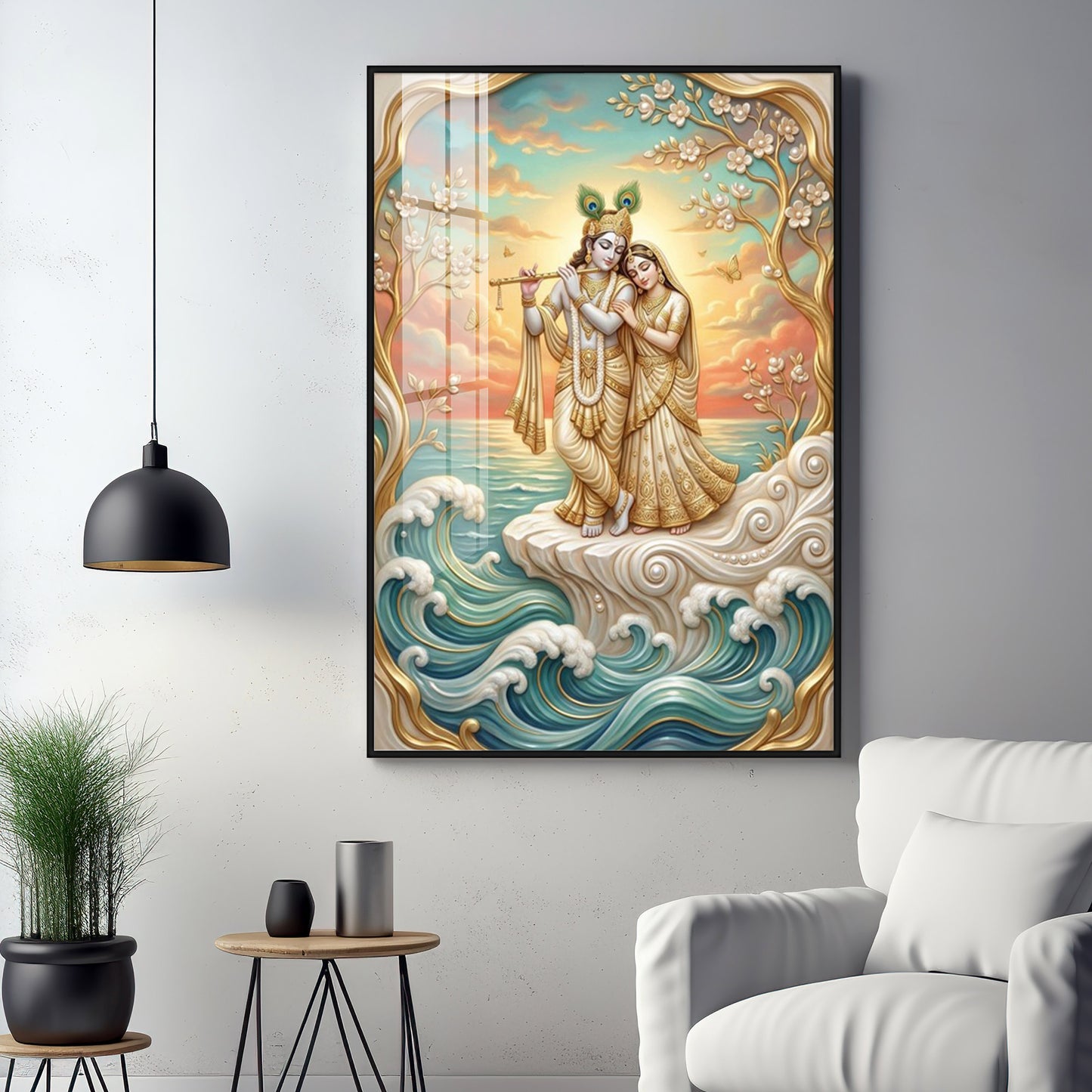 Beautiful Radha Krishna With Flute Premium Acrylic Vertical Wall Art