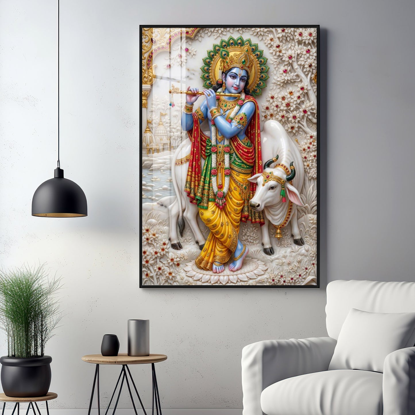 Shri Krishna With Cow Premium Acrylic Vertical Wall Art