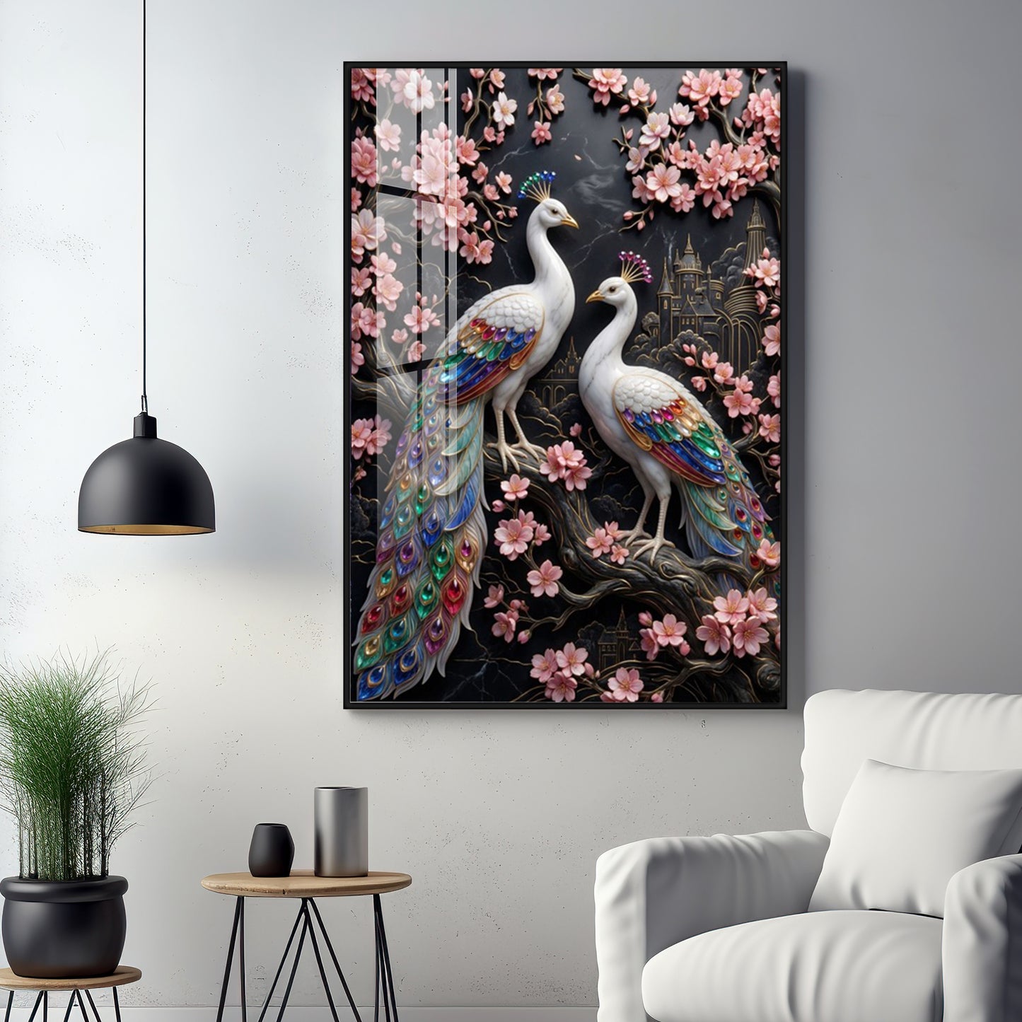 White Peacock Pair Premium Acrylic Vertical Wall Art