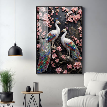 White Peacock Pair Premium Acrylic Vertical Wall Art