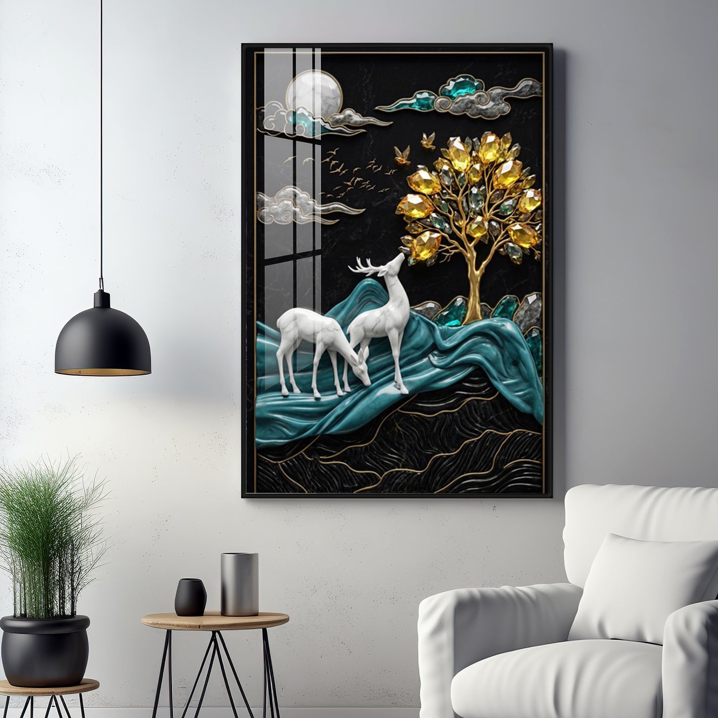 White Deers With Golden Tree Premium Acrylic Vertical Wall Art
