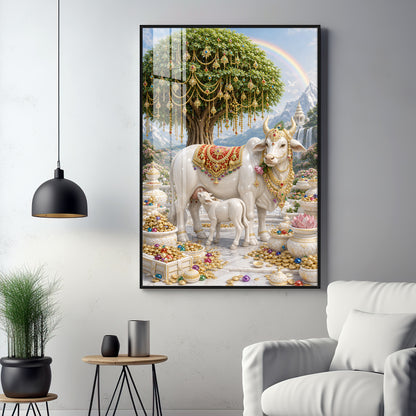 Divine Wish Fulfilling Tree & Kamadhenu Premium Acrylic Vertical Wall Art
