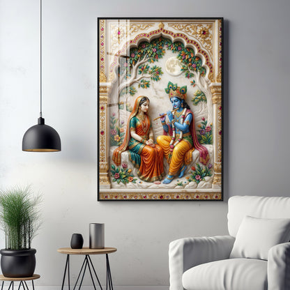Depiction Of Krishna With Radha Premium Acrylic Vertical Wall Art
