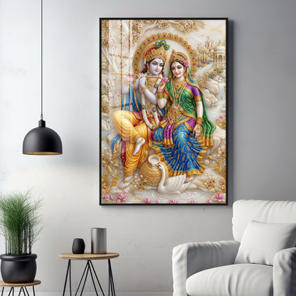 Radha Krishna With Swan Premium Acrylic Vertical Wall Art
