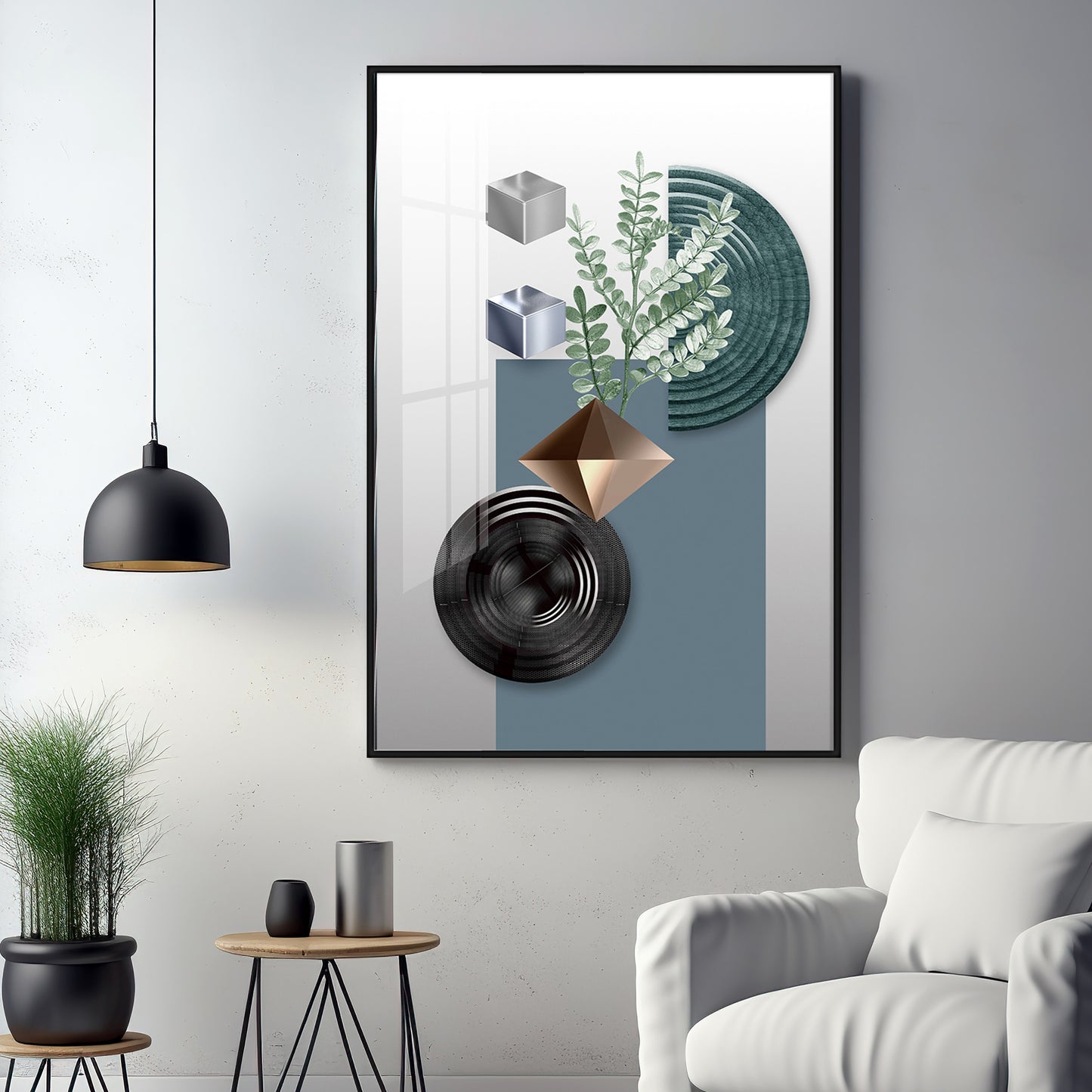 Geometric Art With Leafs Premium Acrylic Vertical Wall Art