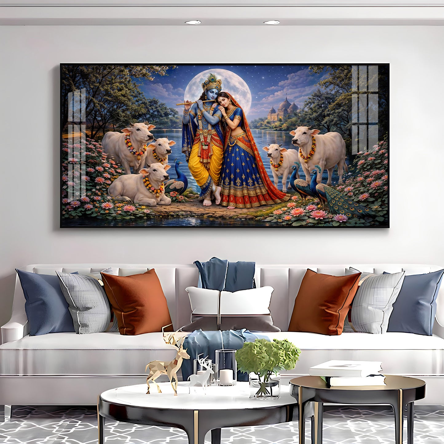Shri Radha Krishna With Cow Premium Acrylic Horizontal Wall Art