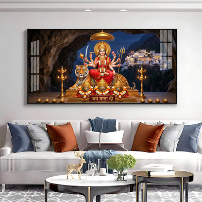 Goddess Durga With Maa Vaishno Devi Temple Premium Acrylic Horizontal Wall Art
