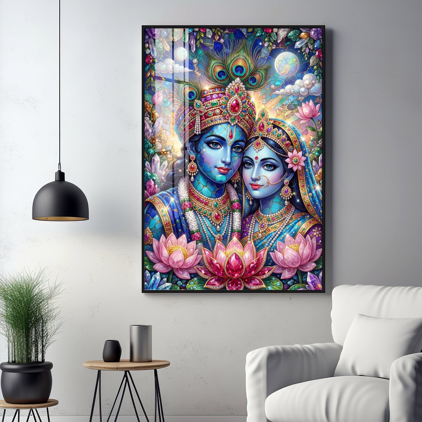 Radha Krishna With Blooming Lotus Flowers Premium Acrylic Vertical Wall Art