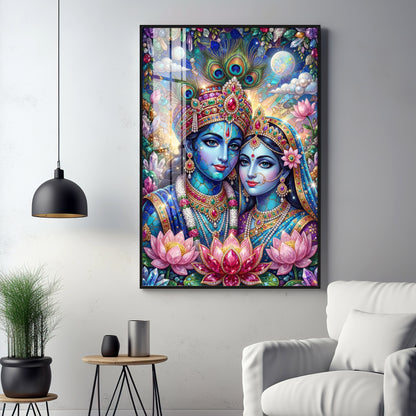 Radha Krishna With Blooming Lotus Flowers Premium Acrylic Vertical Wall Art