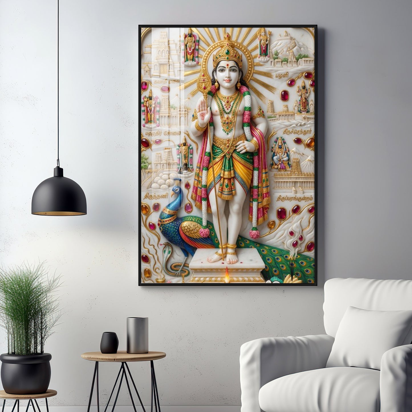 Lord Kartikeya With Peacock Premium Acrylic Vertical Wall Art