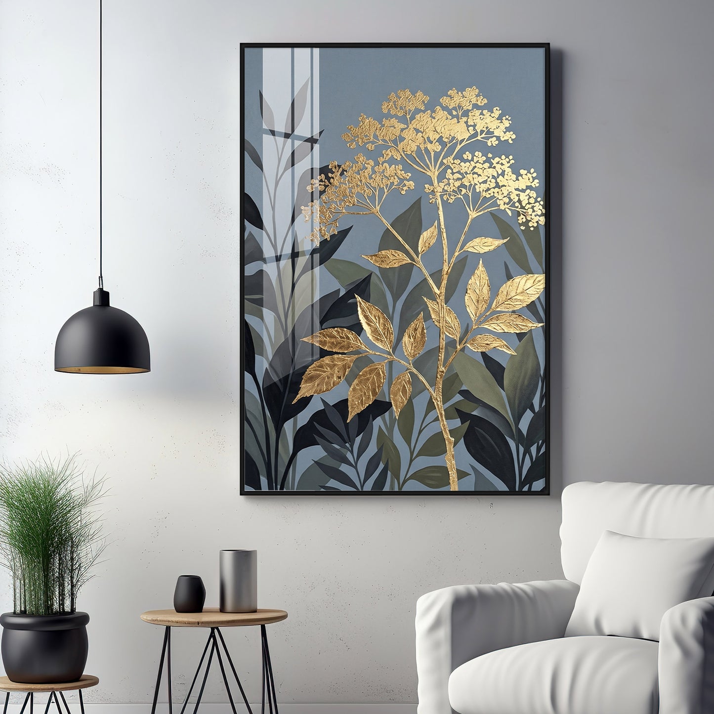 Republic Midnight Blue Botanical Leaves Premium Acrylic Vertical Wall Art