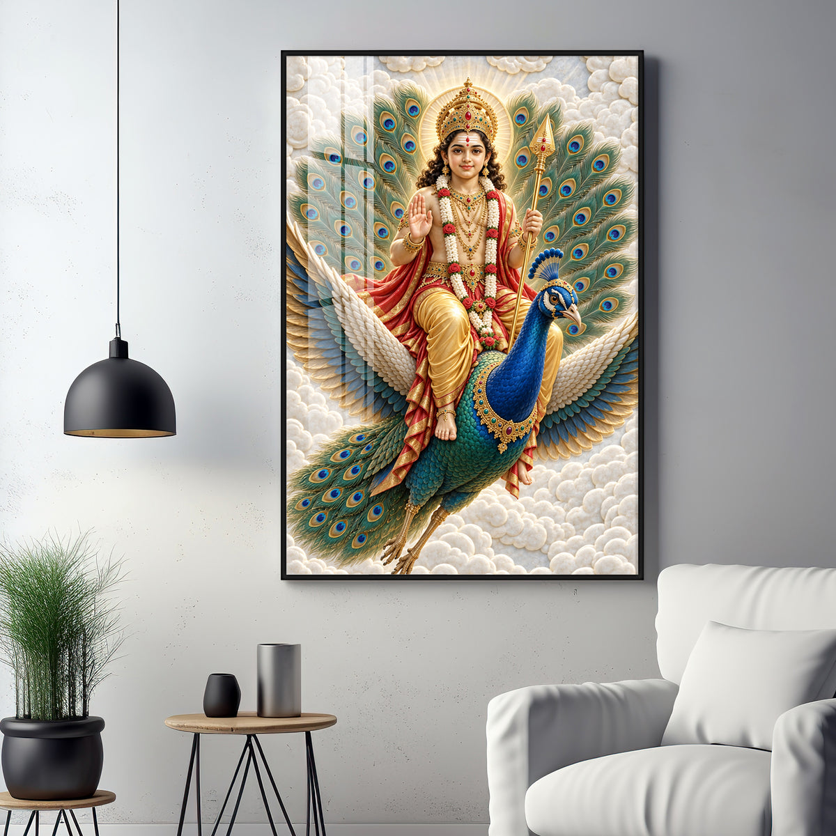 Lord Murugan With Peacock & Vel Premium Acrylic Vertical Wall Art