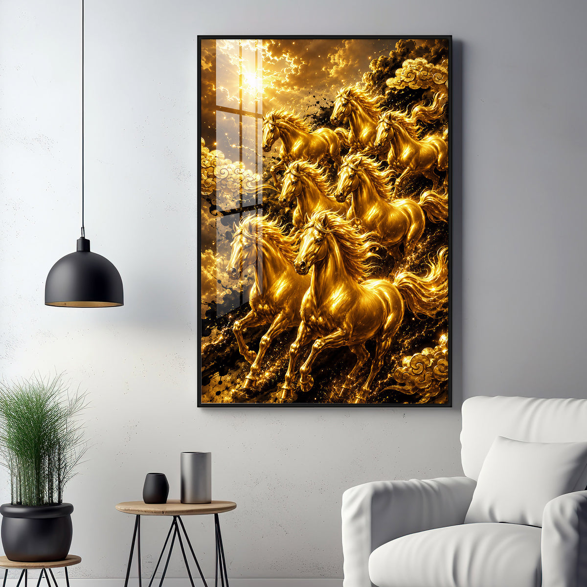 Golden Seven Horses Premium Acrylic Vertical Wall Art