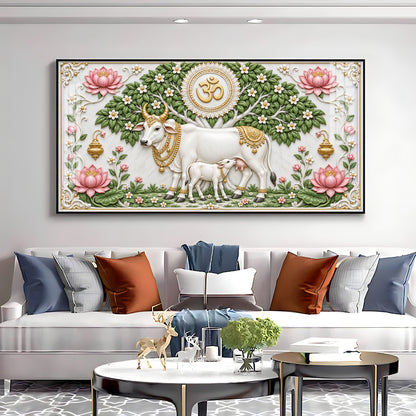 Sacred Kamdhenu Cow Calf Premium Acrylic Horizontal Wall Art