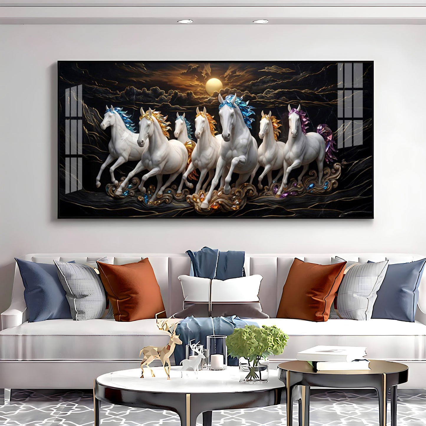 White Seven Running Vastu Lucky Horses Premium Acrylic Horizontal Wall Art