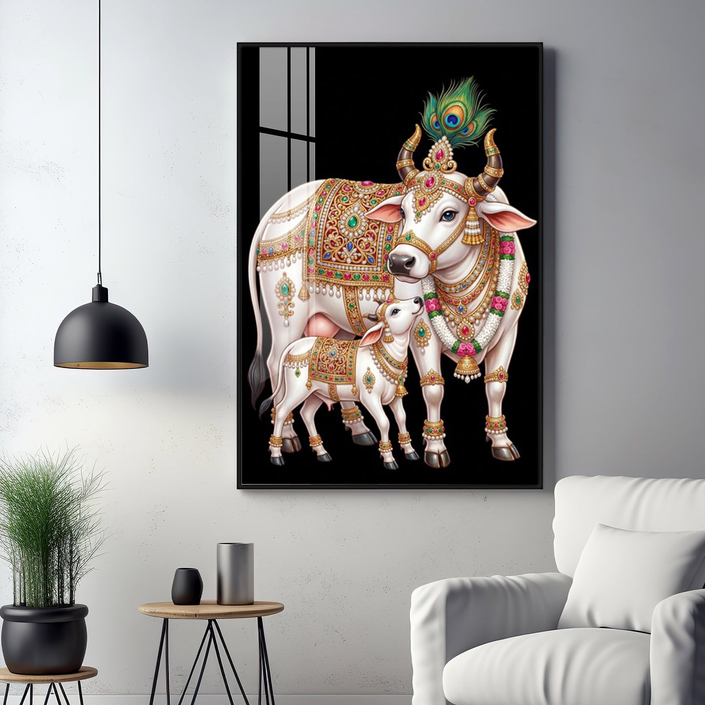 Kamdhenu Cow With Calf Premium Acrylic Vertical Wall Art