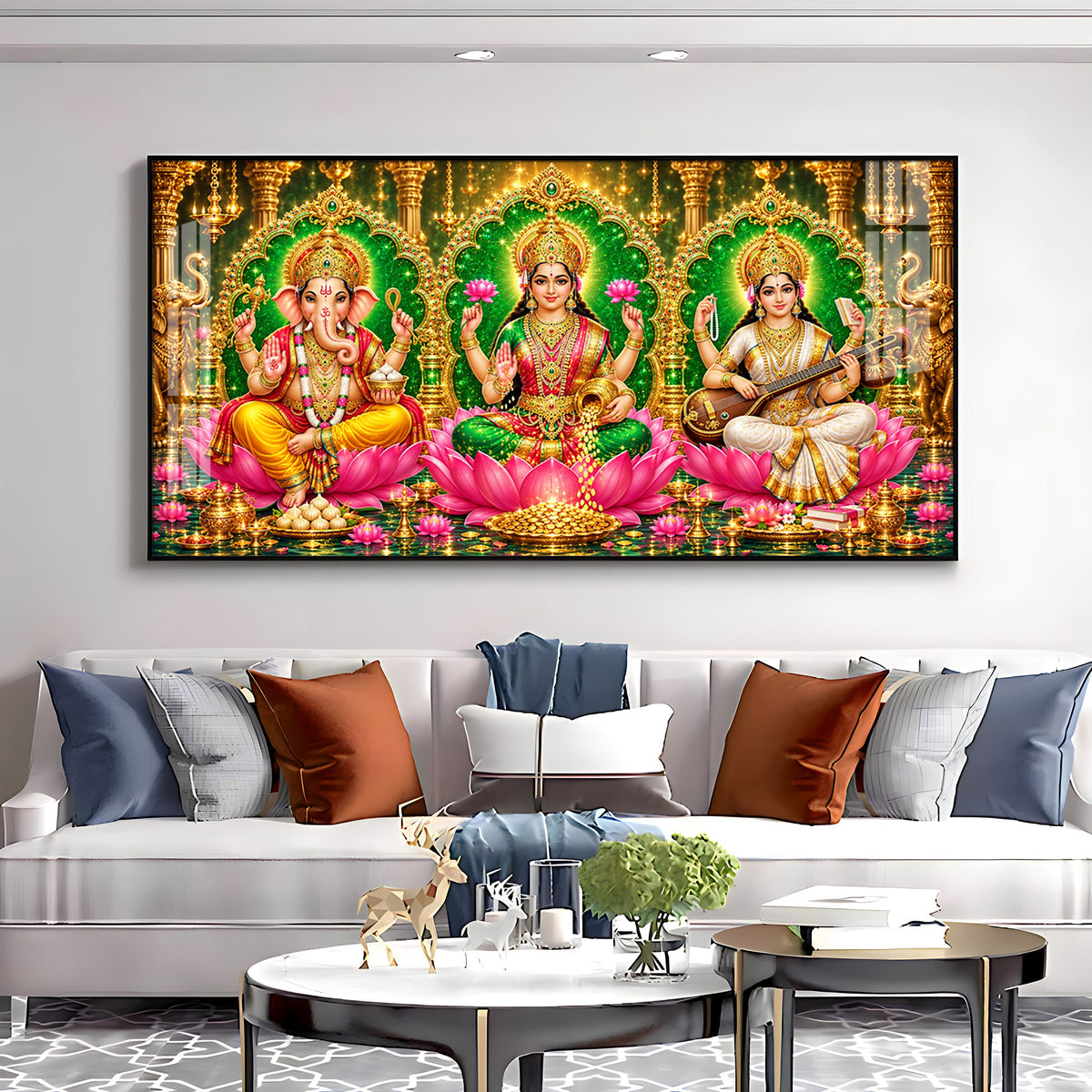 Maa Lakshmi, Ganesha Ji & Saraswati Premium Acrylic Horizontal Wall Art