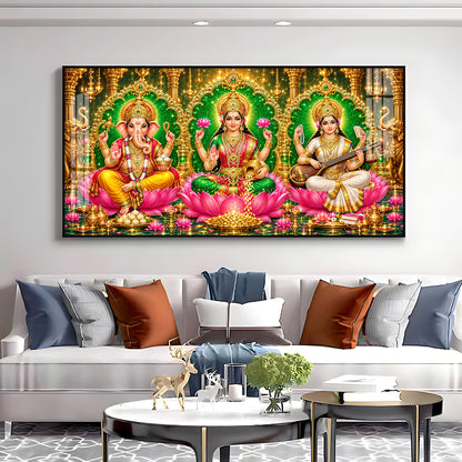 Maa Lakshmi, Ganesha Ji & Saraswati Premium Acrylic Horizontal Wall Art