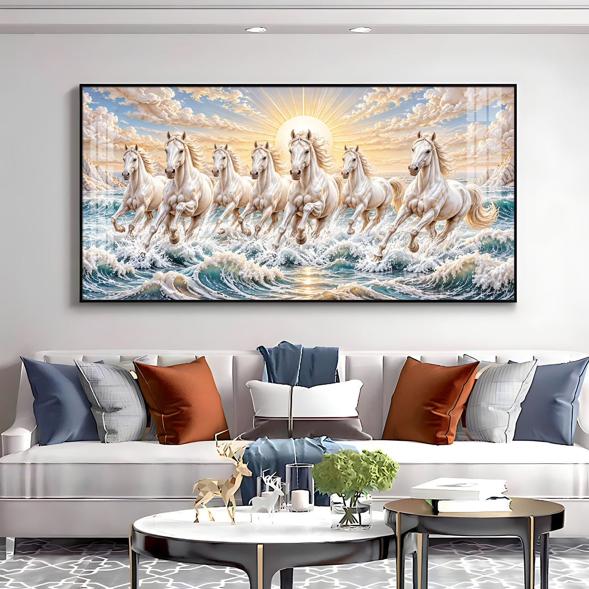 Majestic White Seven Running Horses Premium Acrylic Horizontal Wall Art