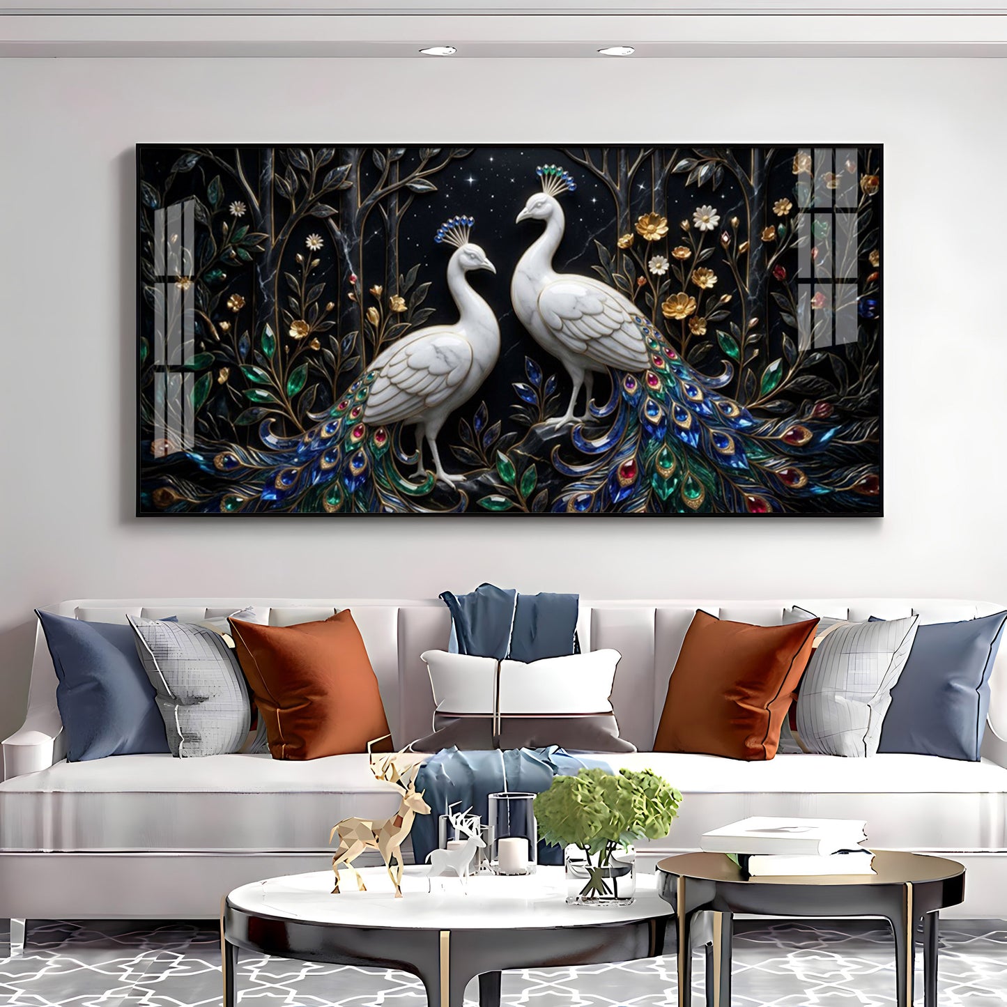 Two White Peacocks With Jewel Tails Premium Acrylic Horizontal Wall Art